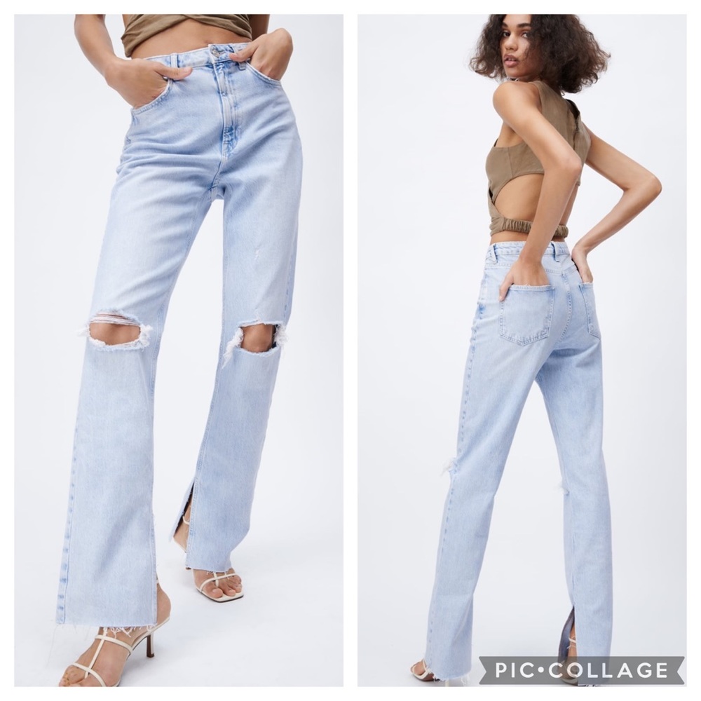 ZARA flare distressed slim fit jeans with slits